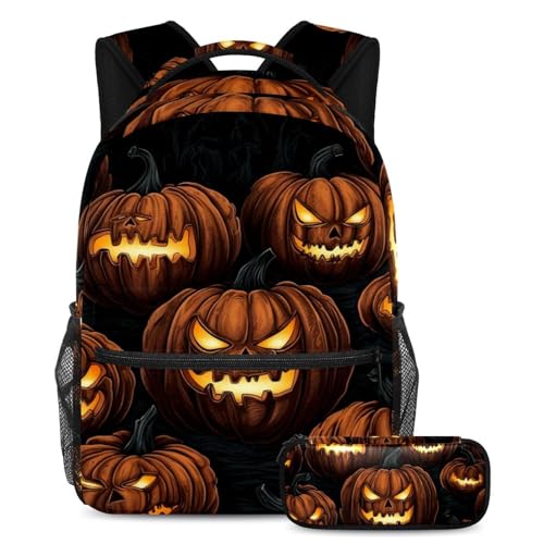 Halloween Kürbisse Schulranzen-Set – Rucksack und Federmäppchen Combo, perfekt für Studenten, Jungen und Mädchen, Mehrfarbig #02, B：29.4x20x40cm P：19x7.5x3.8cm, Daypack Rucksäcke von Generic