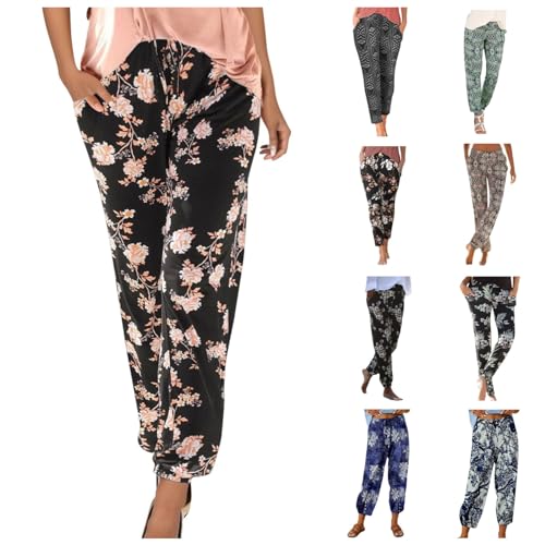 Generic Haremshose Damen Pant Lange Schlupfhose Sommer Boho Strandhose Leicht Freizeithose Loose Casual Sommerhose Frauen Hose mit Taschen Straight Bein Hose Stoffhose Jogginghose Yogahose 2024 von Generic