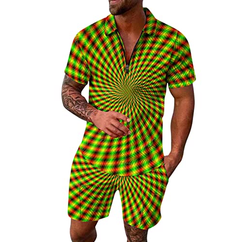 Hawaii Hemd Herren Zweiteiler Hawaii-Shirt Mode Sommer Hemnd Strand Party-Hemd Revers Reißverschluss Poloshirt und Shorts Casual Beach Urlaub 2-Teiler Kurzarm 3D Drucken Anzug Mode Männerkleidung von Generic