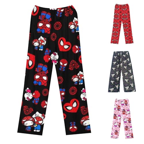 Hello Kἰtty Schlafanzug Damen Hosen Lang Flanell Pyjama Baumwolle Warm Kawaii Schlafhose Schlafanzug Bequeme Anime Weich Kuschelhose Lustige Geschenke Schwarz XXL von Generic