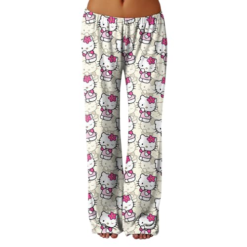 Hello Kἰtty Schlafanzug Damen Hosen Lang Pyjamahose Baumwolle Schlafanzug Kawaii Sommer Schlafhose Pyjama Weich Bequeme Winter Kuschelhose Geschenke Für Frauen (Weiß,M) von Generic