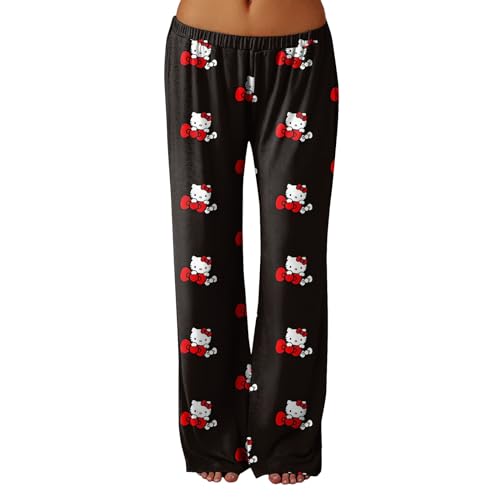 Hello Kἰtty Schlafanzughose Damen Lang Hosen Baumwolle Pyjama Schlafanzug Sommer Kawaii Pyjama Schlafhose Anime Bequeme Kuschelhose Geschenke Für Frauen Schwarz S Pyjamahose von Generic