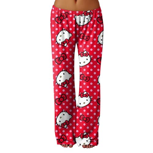 Hello Kἰtty Schlafanzughose Damen Lang Hosen Baumwolle Pyjama Schlafanzug Sommer Kawaii Pyjama Schlafhose Anime Weich Kuschelhose Lustige Geschenke Pink M Pyjamahose von Generic