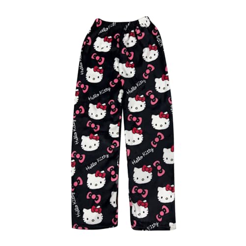 Hello Pyjama Kitty Hose Anime Flauschige Schlafanzughose Damen Lang Tracksuit Y2K Pyjama Hosen Schlafhose Damen Lang Baumwolle Kurz Kitty Hose Hose Jeans Hosen Damen Lang Hello (Rot, M) von Generic