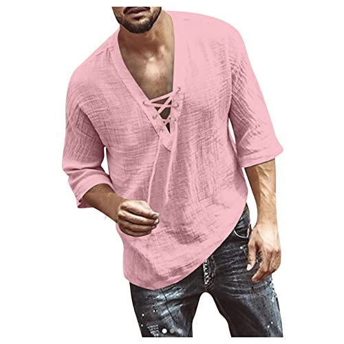 Hemd Herren Leinenhemd Herren Langarmshirt Herren Hemden Freizeithemden Regular Fit Tshirt mit V-Ausschnitt SchnüRung T Shirt 3/4 äRmelläNge T-Shirt Einfarbig Sweatshirt Tshirt Herren pink 3XL von Generic