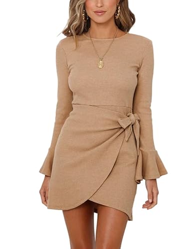 Herbstkleid Strickkleid Damen Rundhals Kleid Langarm Herbstkleid Pulloverkleid Elegant Midikleid Frauen Tunikakleider Klassic Casualkleid Umstandskleid (Khaki,XL) von Generic