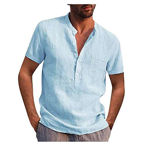 Herren Hemd Kurzarm Leinenhemd Regular Fit Sommerhemd Freizeit Stehkragen Baumwoll Leinen Leinen Henley Shirt Langarm Hippie Casual Beach T-Shirts (as3, Alpha, m, Regular, Regular, Blau 1) von Generic