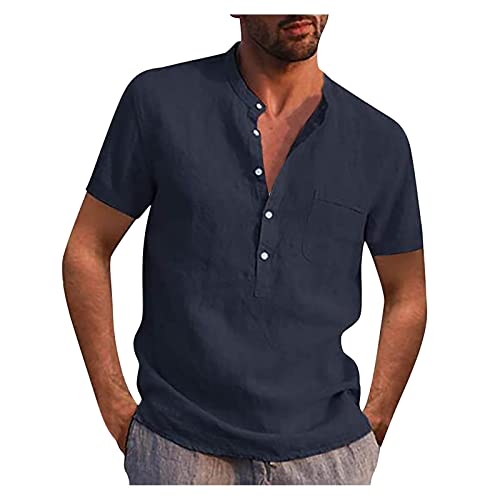 Herren Hemd Kurzarm Leinenhemd Regular Fit Sommerhemd Freizeit Stehkragen Baumwoll Leinen Leinen Henley Shirt Langarm Hippie Casual Beach T-Shirts (as3, Alpha, m, Regular, Regular, Navy 1) von Generic