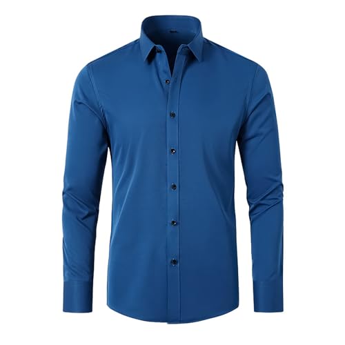 Herren Hemd Langarm Elastisch Nicht Bügeln Hemd Männer Revers Langarm Einfarbig Knöpfen T Shirt Herren Ne_ra, blau, XXX-Small von Generic