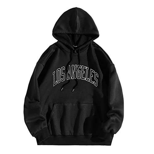 Herren Hoodie Pullover mit Kapuze Kapuzenpullover für Männer Herren L Los Angel Männer Brief Grafik Kapuzendruck Rundhals Langarm Sweatshirt Tops (Schwarz, XXL) von Generic