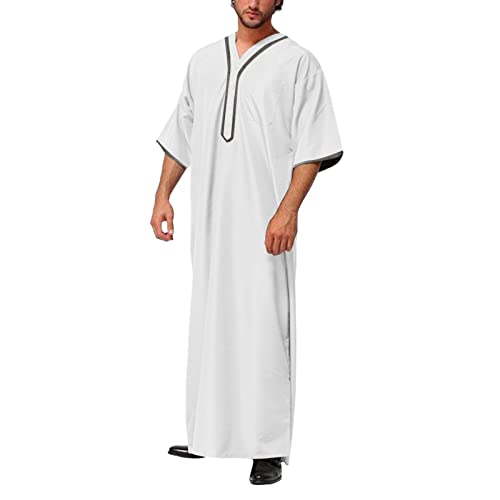Herren Kaftan Muslim Tunika V-Ausschnitt Ethnischen Verschleiß Lange Kaftan Hemd Kurzarm Robe Nachthemd Muslimische Kleider Ethnische Maxikleid Ramadan Roben Taiji Kleidung von Generic