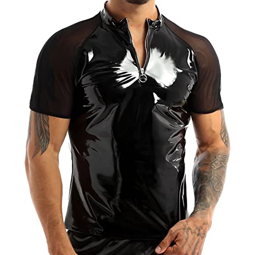 Herren Lack-Optik Jacke T-Shirt Slim Fit Latex Glänzend Tops Sexy Oberteil Lack Leder Mesh mit Stehkragen Hippie Disco Party Clubwear Jumpsuit Ledermantel Lack Optik Wetlook Oberteile Herren Lack-Optik Jacke T-Shirt Slim Fit Latex Glänzend Tops Sexy Oberteil Lack Leder Mesh mit Stehkragen Hippie Disco Party Clubwear Jumpsuit Ledermantel Lack Optik Wetlook Oberteile von Generic