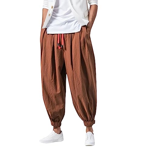 Herren Leinen Baumwolle Haremshose Einfarbige Freizeithose Herren Atmungsaktive Pumphose Stretch Verschärfen Hosenbein Pluderhose Leichte Elastisches Sport Jogginghose B-Kaffee 3XL von Generic