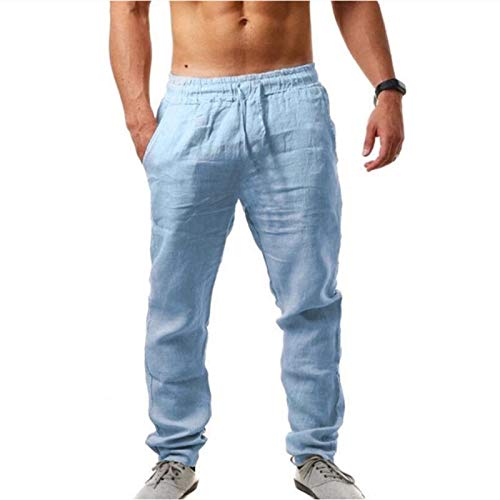 Herren Leinenhose Lang Leicht Sommerhose Loose Fit Freizeithose für Urlaub Strand Alltag, Kordelzug Übergröße Baumwollehosen Lose Haremshose Herren Strandhose Hippie Hose (Sky Blue, XL) von Generic