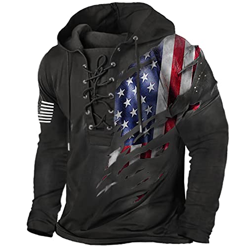 Herren Outdoor Military Tactical Hoodie Retro Distressed American Flag Print LaceUp Pullover Hooded Sweatshirt, Schwarz , XXL von Generic