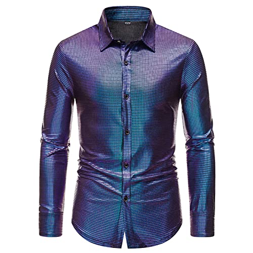 Herren Pailletten Hemd Glitzer,Hemd Langarm,Freizeithemden für Hemden Karneval Kostüm Slim Fit Herrenhemd 80er Jahre Outfit Glitzerhemd Vintage Freizeithemd Disco Party Kleidung von Generic