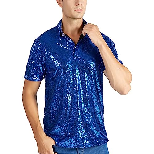 Generic Herren Pailletten Hemd Kurzarm -Glitzerhemd Polo Shirt Glitzer Hemd Slim Fit T-Shirt Karneval Kostüm Poloshirt T-Shirt 70er 80er Disco Faschings Party Kostüm Glitzer Outfit Männer von Generic