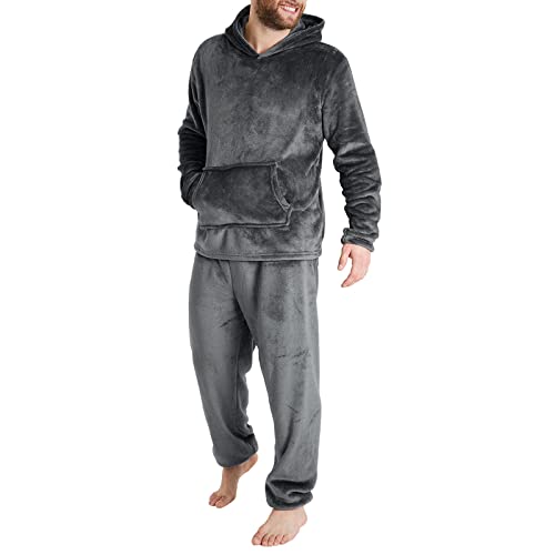 Herren Pyjama Set Winter Zweiteiliger Männer Fleece Schlafanzug Warm Sleepwear Flannel Hose und Tops Langarm Nachtwäsche (02 Dunkelgrau, XL) von Generic