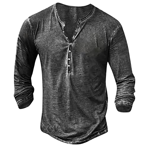 Herren Tshirt Set Cowboy Hemd Jeanshemd Herren V-Ausschnitt Paisley Druck Knopfleiste Henley Shirt Langarm Klassisch Tactical Shirts Muskelshirts Haweihemd (Dunkelgrau, XXL) von Generic