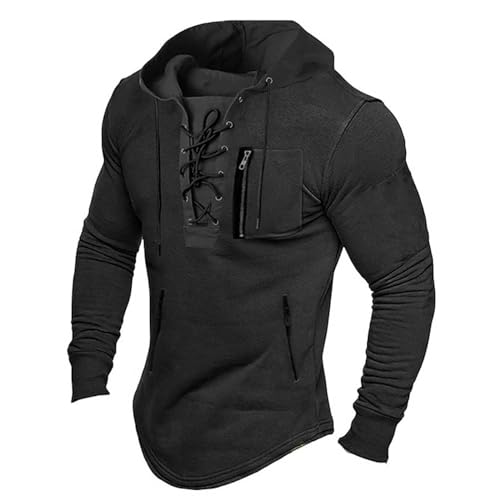 Herren Vintage Hoodie Langarm Shirt Männer Lace Up Hooded Langarmhemd Distressed Casual Outdoor Taktisch Pullover Hemd mit Kapuze Sweatshirt Training Pullover von Generic