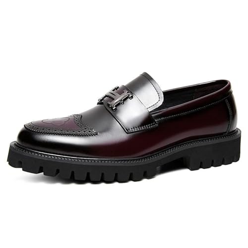 Herrenmode Brogue Leder Lug Sole Loafers, Runde Zehe Plattform Komfort Slip on Kleid Schuhe,Burgundy,42.5 EU von Generic