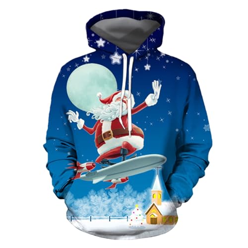 Hoodie Herren Pullover Lustige 3D Weihnachten Pullover Merry Christmas Weihnachtspullover Weihnachtsmann Langarm Sweatshirt für Jungen Winter Hoodie Sweatshirt Xmas Pulli Dunkelblau XXL von Generic