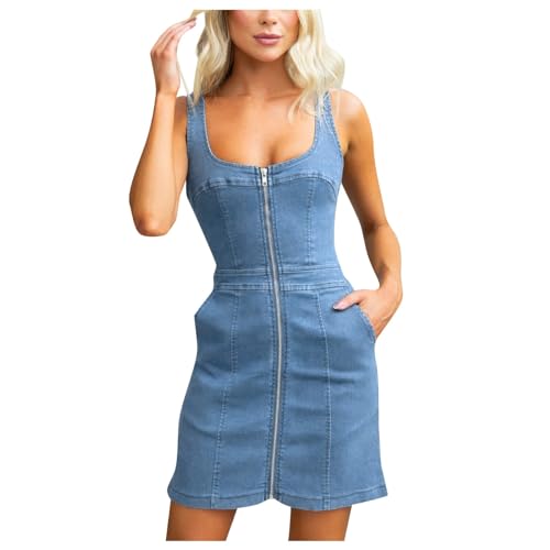 Jeanskleid Damen Sommer Sexy Bodycon Kleid Sommerkleider Damen Knielang Ärmellos Trägerkleid U Ausschnitt Midikleid Full Zip Up Jeans Tank Kleid mit Taschen Enges Kleid Freizeitkleid von Generic