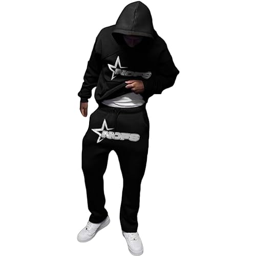 Jogginghose und Trainingsanzüge | Buchstaben Druck Lose Hoodies und Jogginghosen Y2K für Herren | Hip Hop Streetwear Tracksuit Männer Pullover Lässig Oberteile Sporthosen 2 Stück Jogginganzug Unisex von Generic