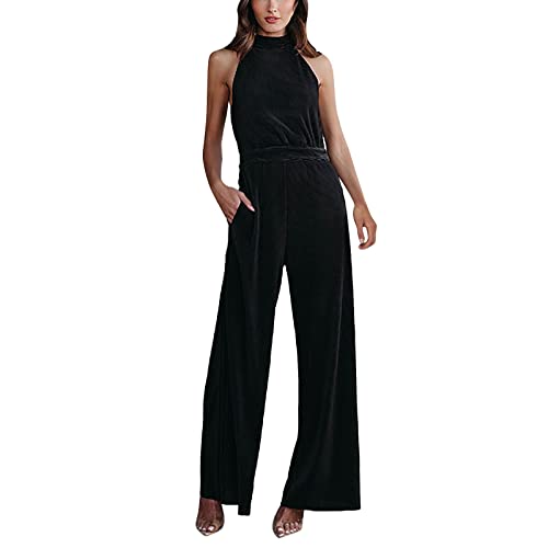 Jumpsuit Damen, Damen Jumpsuit Neckholder Schulterfrei Samt Overall Hosenanzug mit Tasche Loose Fit Rückenfrei Playsuit Einfarbig Elegant Cocktail Party Festlich Overalls Spielanzug von Generic