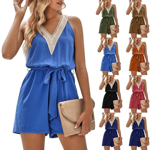 Jumpsuit Damen Kurz, Jumpsuit Damen Sommer Lang Jumpsuit Damen Sommer Elegant V-Ausschnitt Ärmellos Playsuit Casual Overalls Mit Gürtel Jumpsuit Damen Sommer Kurz Meine Bestellungen Anzeigen(Blau,S) von Generic