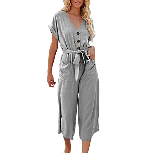 Jumpsuit Damen Sommer Lässige Lang Elegante Overalls Damen with Pockets Vintage Festliche Jumpsuits Für Damen Elegant Sommer Lässige Einfarbig Kurzarm V-Ausschnitt Wide Leg Jumpsuit von Generic