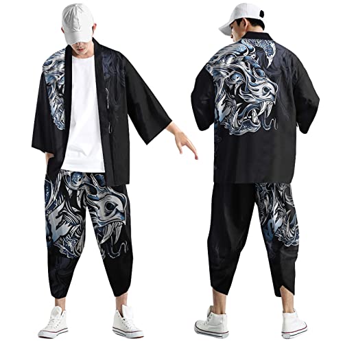 Kimono Set Herren Japanisch Mehrfarbig Druck Lose Cardigan Sommer 3/4 Hülse Kimono Kurzarm Funky Bunte National Print Japanische Bademäntel Baggy Nachthemd Strandhemd T-Shirt Set (Black #2, L) von Generic