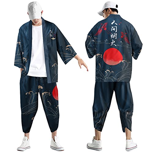 Kimono Set Herren Japanisch Mehrfarbig Druck Lose Cardigan Sommer 3/4 Hülse Kimono Kurzarm Funky Bunte National Print Japanische Bademäntel Baggy Nachthemd Strandhemd T-Shirt Set (Navy-A, M) von Generic