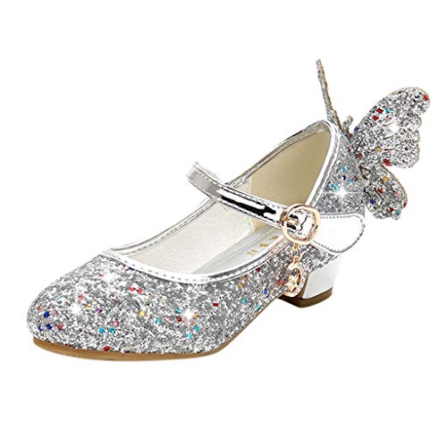 Kinder Mädchen Schmetterling Pailletten Anhänger Tanzschuhe Kristall Einzelschuhe Prinzessin Schuhe P-020 Silver 36 von Generic