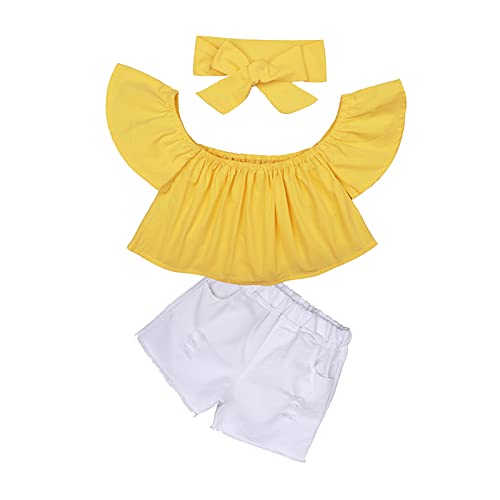 Kleinkind-Säuglings-Kind Gilrs Fashion Soild One-Shoulder-Top Jeans Shorts Haarband 3-teiliges Outfit-Set Kleidung Haarschmuck für Kinder (Yellow, 4 Years) von Generic