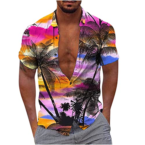 Kurzarmhemd Fronttasche Kurzarm Hawaiihemd Freizeithemden Hawaii Hemd Männer Stehkragen Sommerhemd für Urlaub Casual Tshirt Beach Palmen Farben Strandhemd Shirts von Generic