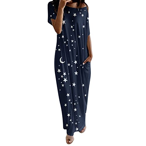 Langes Nachthemd für Damen Lässiges Maxi-Schlafkleid mit geneigter Schulter Stern-Mond-Druck Kurzarm-Loungewear mit Tasche Herbst Baumwolle ist weich und leicht Pyjama (Navy, XL) von Generic