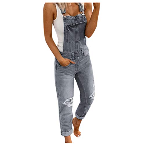 Latzhose Damen Arbeitshose Blaue Jeans Lange Hose Frauen Overall Jumpsuit Playsuit Jeans Vintage Loose Fit Hoseanzug Romper mit Tasche Used-Look (Grey, M) von Generic