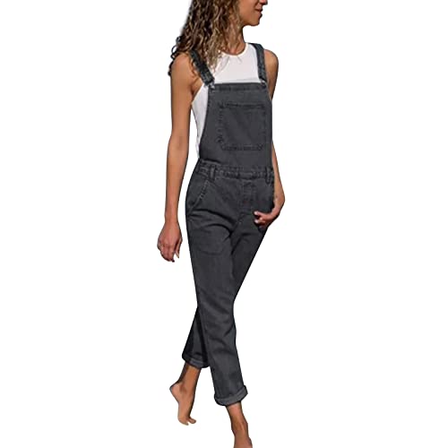 Latzhose Damen Arbeitshose Blaue Jeans Lange Hose Frauen Overall Jumpsuit Playsuit Jeans Vintage Loose Fit Hoseanzug Romper mit Tasche Used-Look (Xy1-Grey, XXL) von Generic