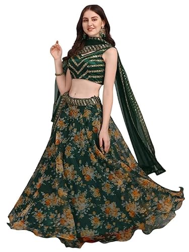 Lehenga Choli Organza-Zari-Pailletten für Damen, halbgenäht, freie Größe bis 106,7 cm, Grün (Lehenga genäht und Bluse nicht genäht), schwarz / pink, Einheitsgröße von Generic