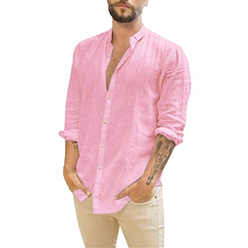 Leinen Hemd Herren Langarm Leinenhemd Sommerhemde Freizeit Hemd Leinenhemd Langarm Hemd Atmungsaktives Bequeme Regular Fit Men Shirts Rosa M von Generic