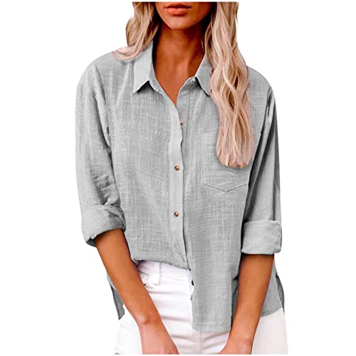 Leinenbluse Sommer Hemden Größen Tunika Damen Sommer Baumwolle Weiss Tunika Damen Baumwolle Langarm Blusenshirt Damen Langarm Sommer Blusen Damen Leicht Boho Leinen Shirt Damen(2-Gray,XXL) von Generic