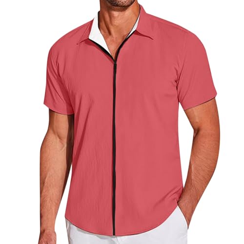 Generic Leinenhemd Herren Kurzarm Leinenhemd Mit Reißverschluss Sommerhemde Freizeit Hemd Hawaii Hemd Slim Fit Herren Hemden Kurzarm Freizeithemden für Männer Regular Fit Shirt Hot Rosa XXL von Generic