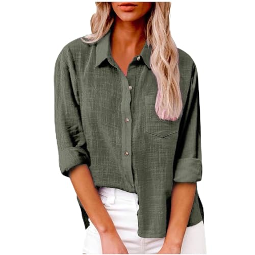 Leinenhemd Sommer Shirt Größen Tunika Damen Sommer Langarm Casual T Shirt Damen Langarm Italienische Tshirt Baumwolle Damen Langarmshirt Damen Baumwolle Elegant Leinen Oberteil Damen(2-Army Green,M) von Generic