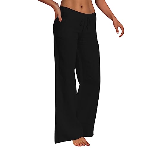 Leinenhose Damen Sommer Leicht Freizeithose Einfarbig Strandhose Yogahose Loose Fit Weite Beine Hose Sommerhose Gerades Bein Bequeme Stoffhose mit Kordelzug und Taschen von Generic