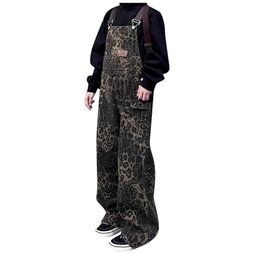 Generic Leopard Jeans Overalls Latzhose Damen Baggy Lässige Stretch Hosen Jumpsuit Denim Y2K Die Overalls Mit Leopardenmuster Leopard Jeans Latzhose Damen Y2K Jeans Baggy Jeans von Generic