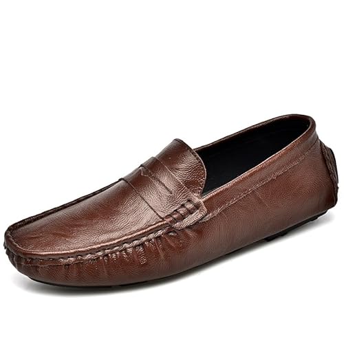 Loafer for Herren, runder Zehenbereich, Leder, Penny-Loafer-Schuh, Bootsschuhe, widerstandsfähig, bequem, Flacher Absatz, Party-Slipper(Color:Braun,Size:43 EU) von Generic