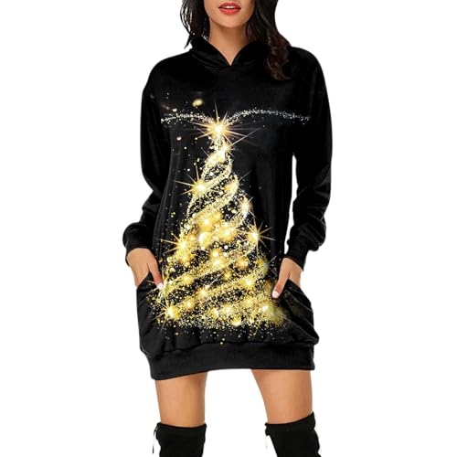 Longpullover für Damen, Damen Weihnachtspullover Kleid Weinglas Motiv Langarm Hoodie Weihnachtskleid Weihnachten Langarmshirt Elegante Pulli Kleid von Generic