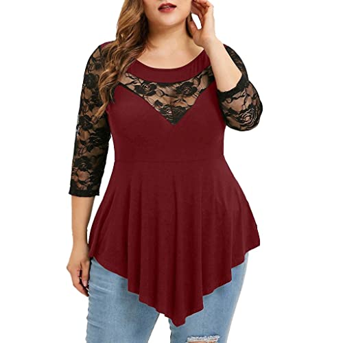 Longshirt Damen Plus Size Damen Bluse Spitze Langarm Shirt Übergroße Spitzenbluse Rundhals Asymmetrisch Oberteile Langarmshirt Blumen Stickerei Tunika Tshirt Mollige Elegant Festliche Tops von Generic