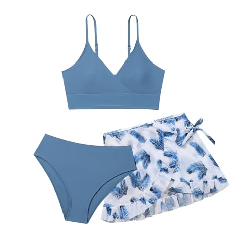 Mädchen Bikini Set,3-teilige Badeanzüge für Mädchen,Bikini Top+Shorts +Slips Badeanzug,Kinder Badebekleidung mit Blumenmuster Schwimmanzug,für 8-14 Jahre (#6-Blue, 8-9 Jahre) von Generic